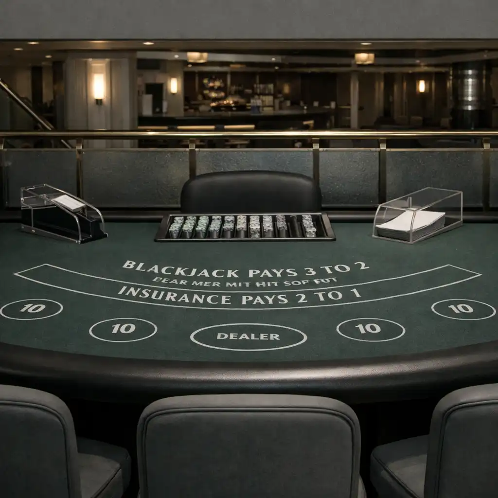 Blackjack table with dealer position and empty guest seats on a cruise ship
