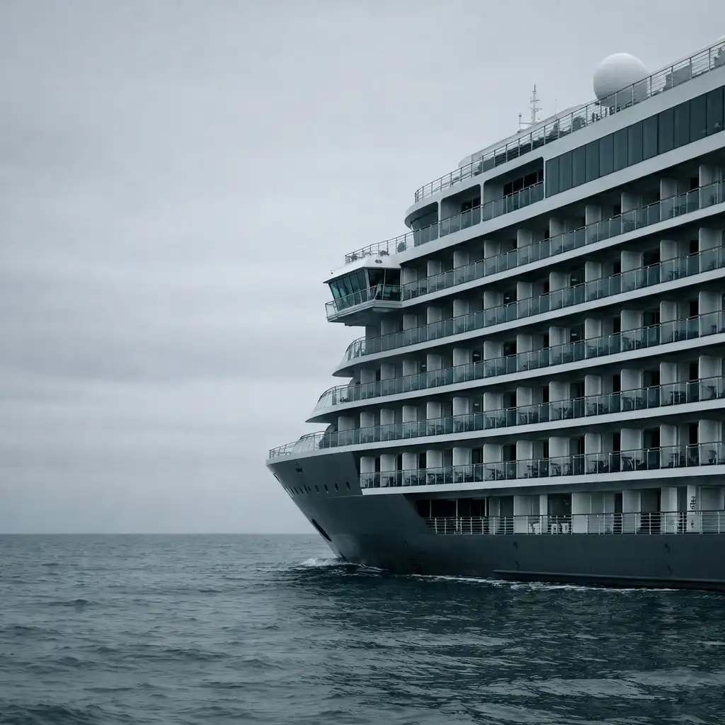 Rows of private balcony cabins along the side of a modern cruise ship