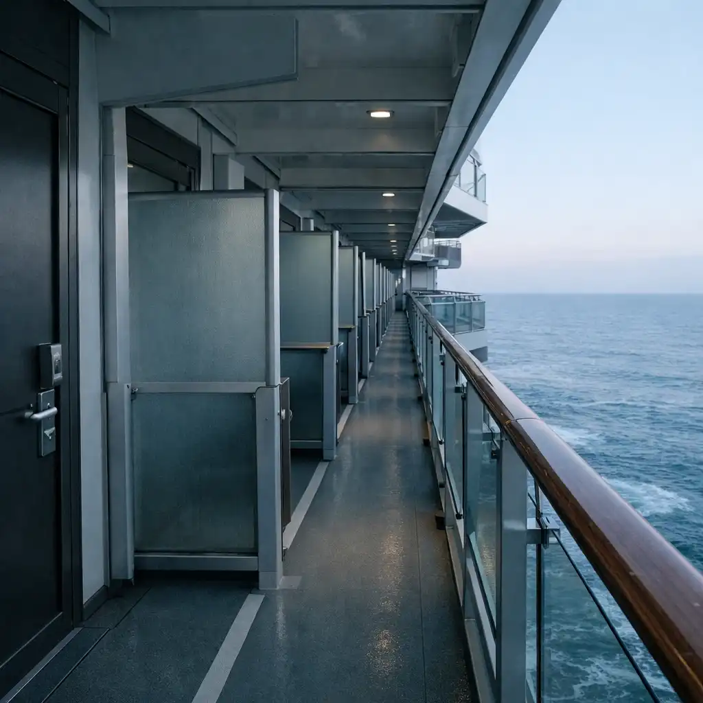 Cruise ship balcony deck with repeating railings and open sea beyond