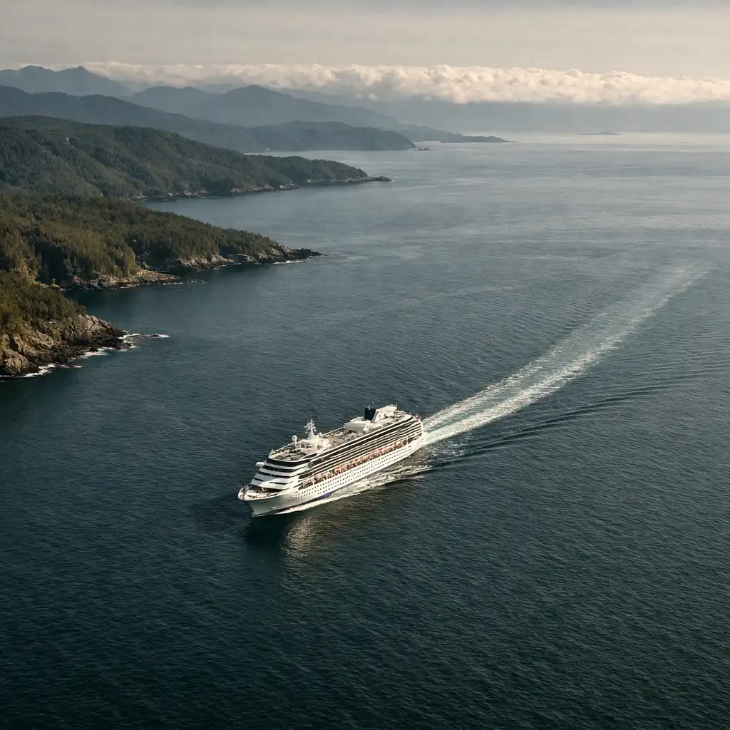 Cruise ship leaving a wake along a rugged coastline