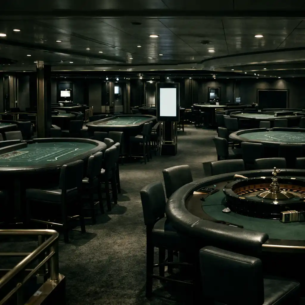Cruise ship casino interior with gaming tables, subdued lighting and clear aisles
