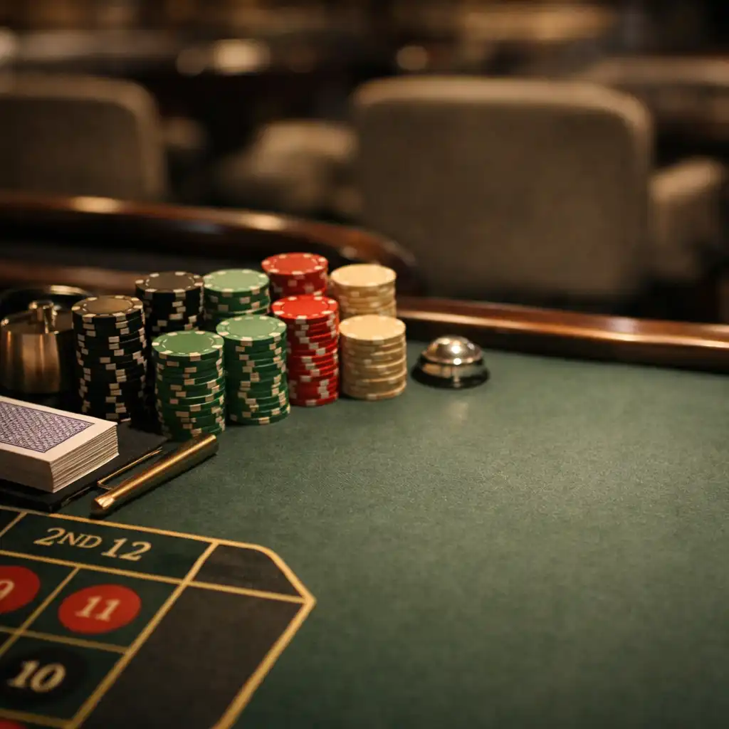 Quiet cruise ship casino table with cards and roulette layout
