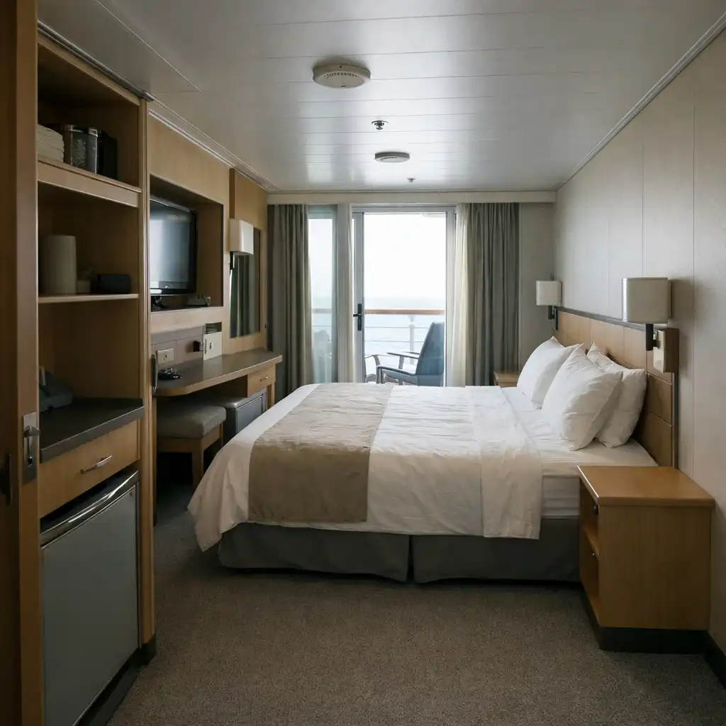 Unbranded cruise cabin showing bed area, storage and walking path