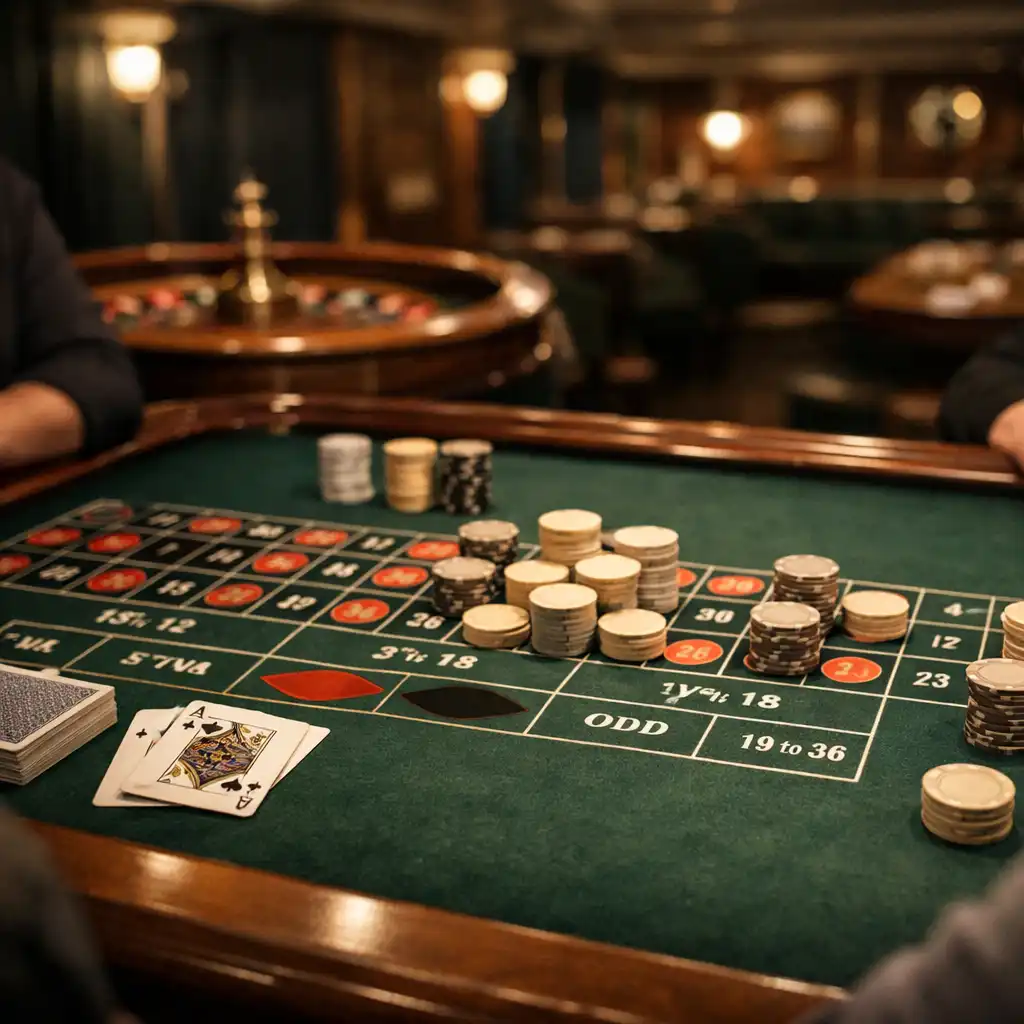 Observational shipboard casino table with roulette layout, cards and neutral chips