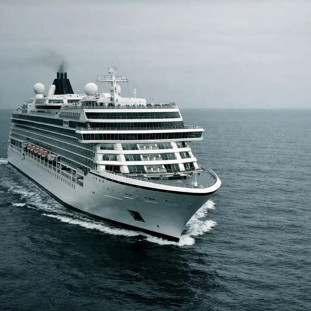 Cruise liner travelling across open water beneath an overcast horizon