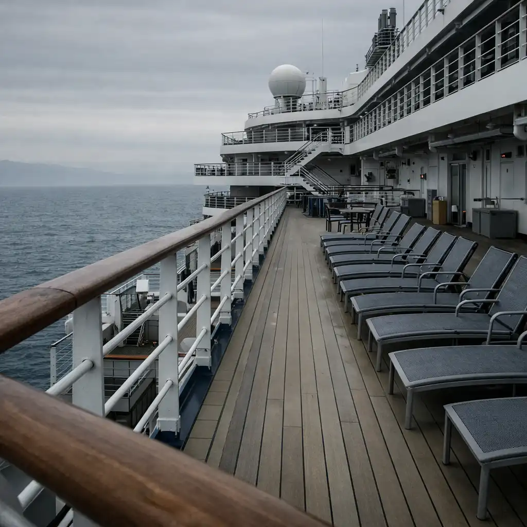 Cruise ship outer deck with railings, seating areas and open ocean beyond