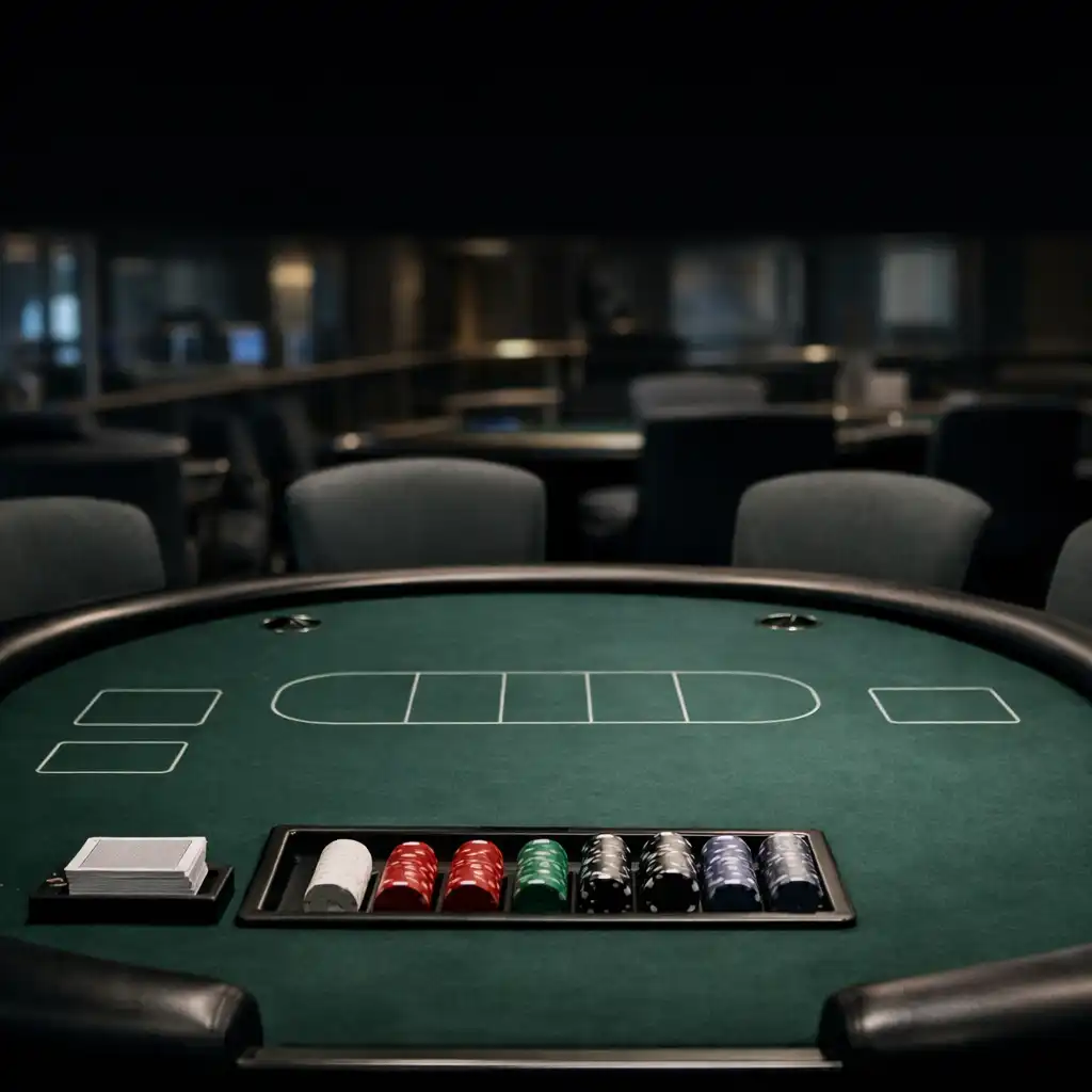Observational view of a poker table with chairs in a cruise casino