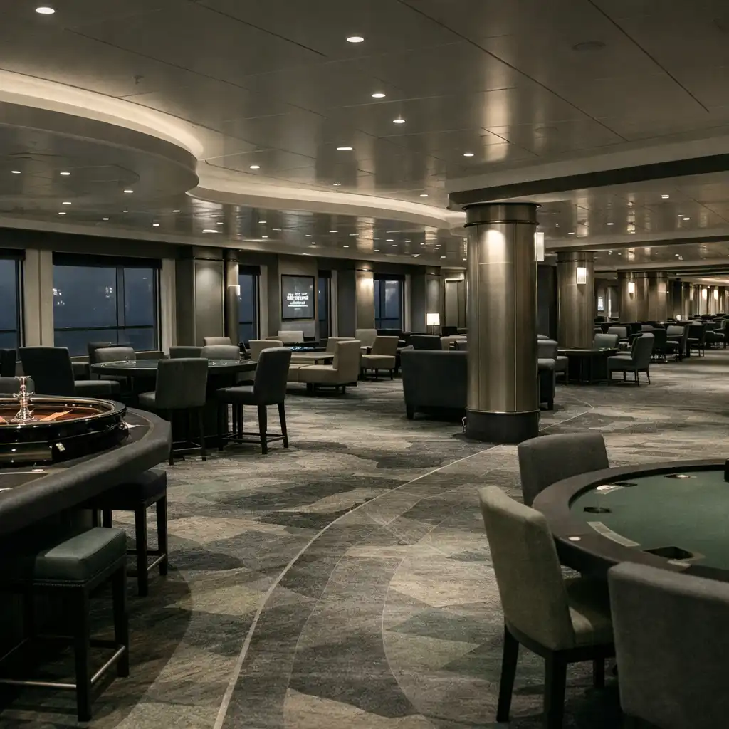 Refined cruise casino lounge with seating, table silhouettes and a visible walkway