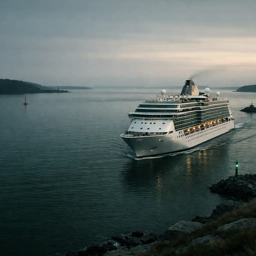 Cruise liner approaching a calm harbour channel