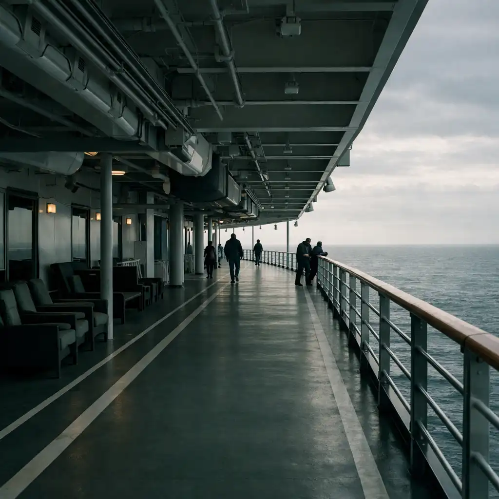 Open cruise ship promenade deck with railings and sea beyond