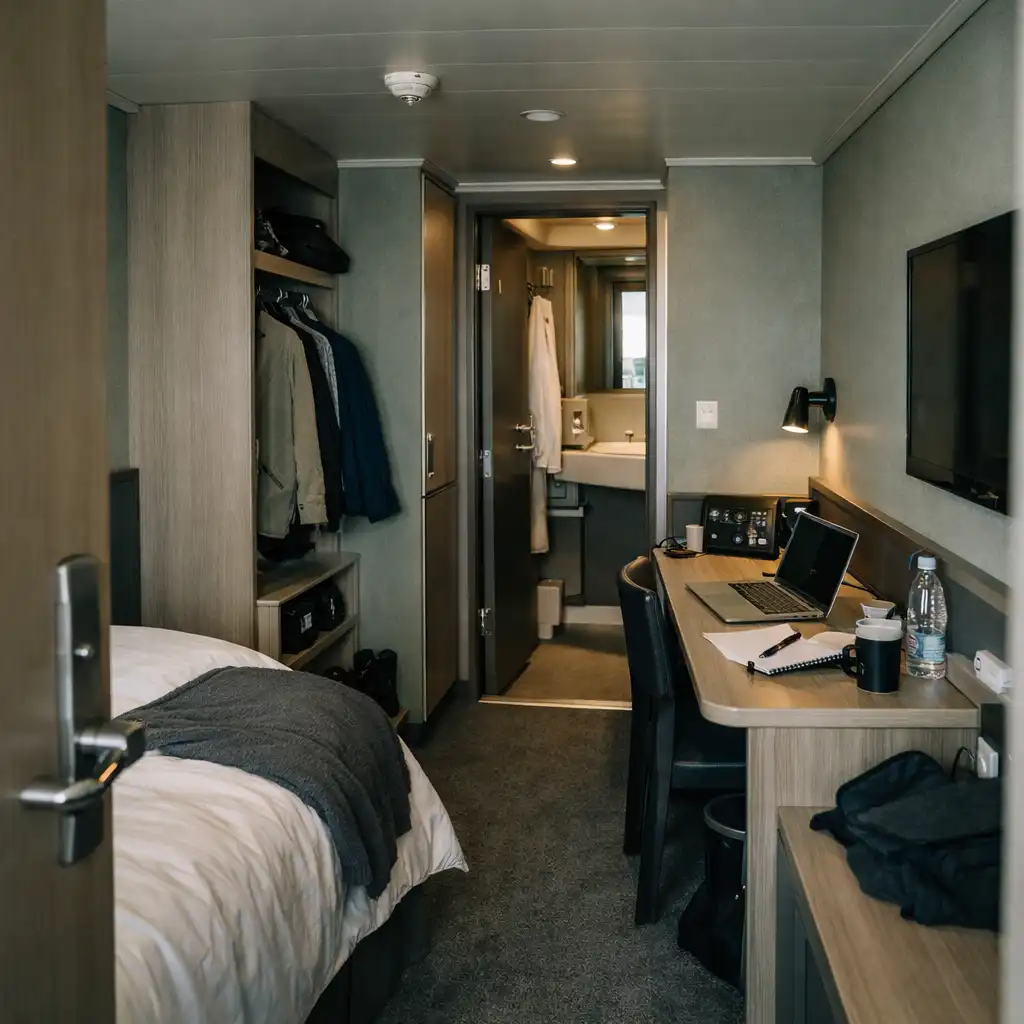 An unbranded contemporary cruise cabin showing the doorway, bed-side passage, wardrobe area and compact desk.