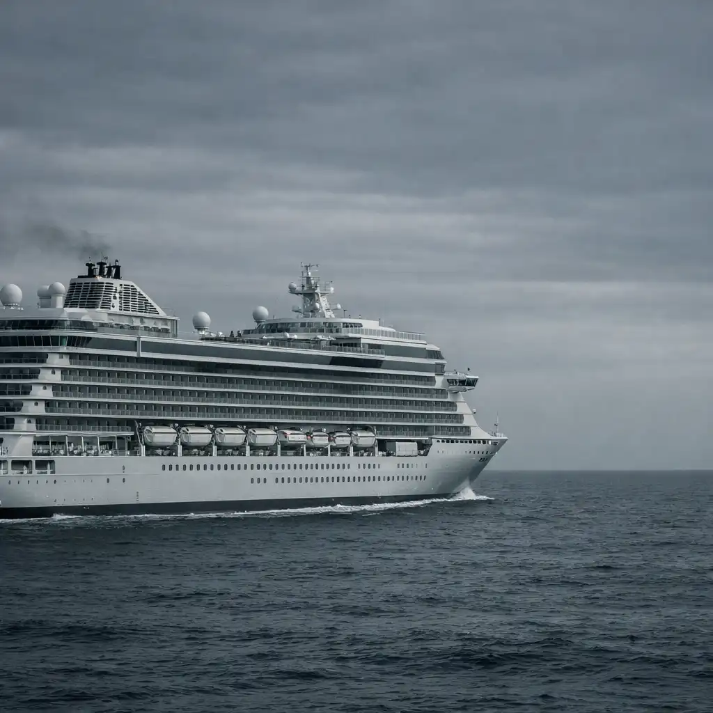 An unbranded cruise liner travelling across open ocean, showing its layered public decks and bridge profile.