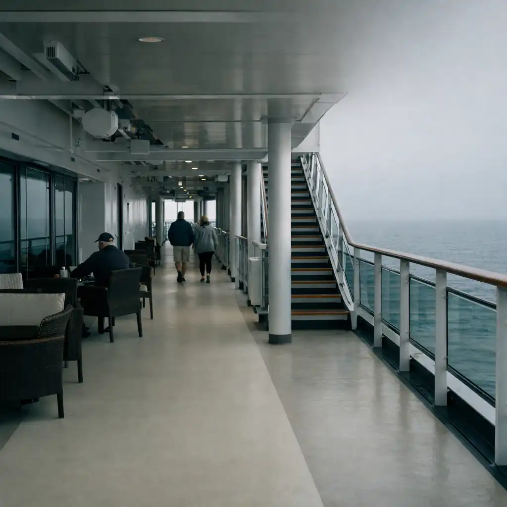 A cruise ship public deck with a clear walking route, seating, railings and stair access.